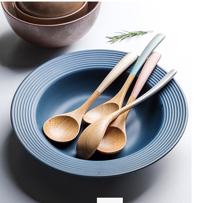 Painted Wooden Handle Wooden Spoon Beech Wood Mixing Curved Handle Spoon Bamboo Teaspoons Soup Ladle Tableware Kitchen Utensils