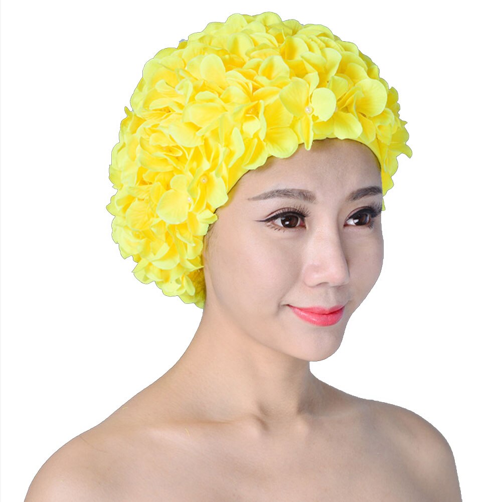 Kvinner badehette unik blomsterdykking strand myk beskyttelse vannsport fri størrelse langt hår solid elastisk håndlaget pustende: Gul