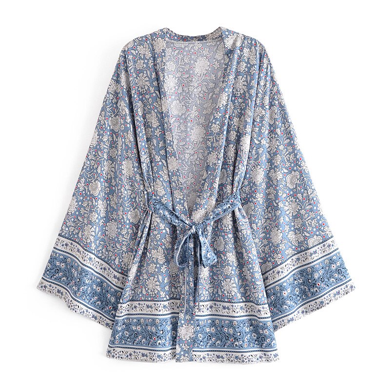 Kimono corto bohemio de rayón para mujer, ropa informal holgada con estampado Floral, para playa y verano: L