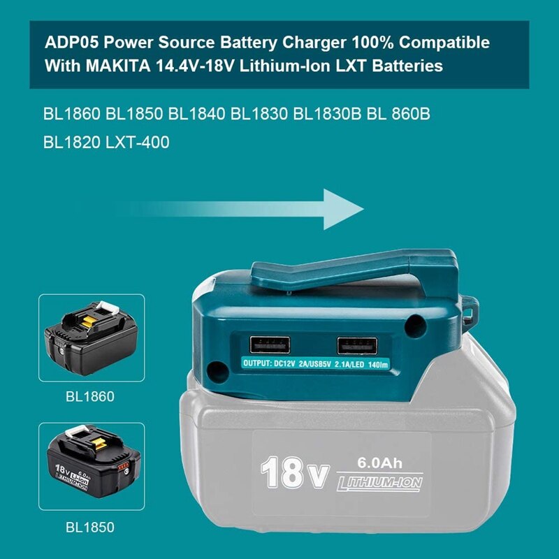 for Makita ADP068 14.4V/18V Lithium-Ion Battery Adapter Power Source Batteries Charger with Dual USB Ports LED Light