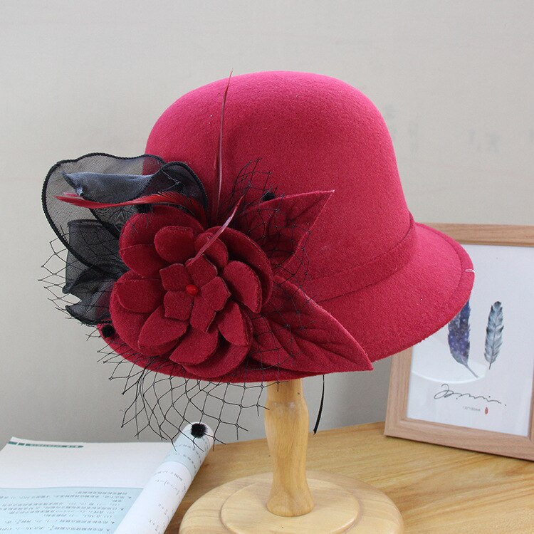 Sombreros de novia Vintage con flor de lana, tocado de pelo , sombrero de noche, velo de novia, accesorios de boda,: 003
