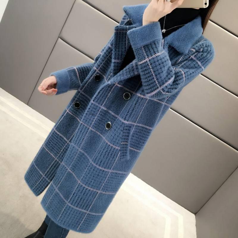 Female Casual Thickening Plaid Plus Size Mink Velvet Overcoat Winter Medium Long Double-breasted Blend Coat