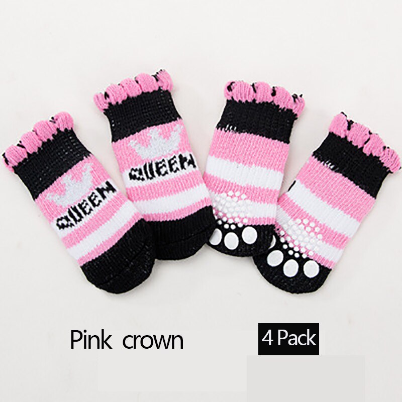 4 Pak Huisdier Sokken Antislip Bodem Puppy Hond Sokken Hond Voet Cover Teddy Poedel Katoenen Sokken voor Honden Sokken Bulldog: Pink crown / M