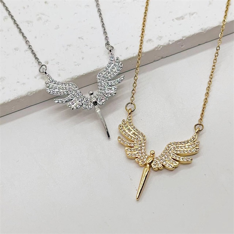 joyas árabes marroquí conjuntos bimba y lola bolsos joyas de Conjunto de collar y pendientes de acero inoxidable con alas de Ángel Micro adornadas, colgante clásico, cadena de clavícula de noche, a la y Linda