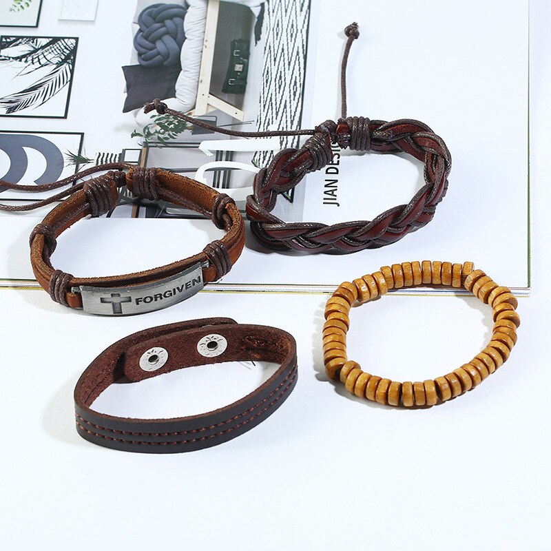 4 pçs feito à mão trançado multicamadas pulseira de couro para homens perdoados cruz wrap pulseira de jóias