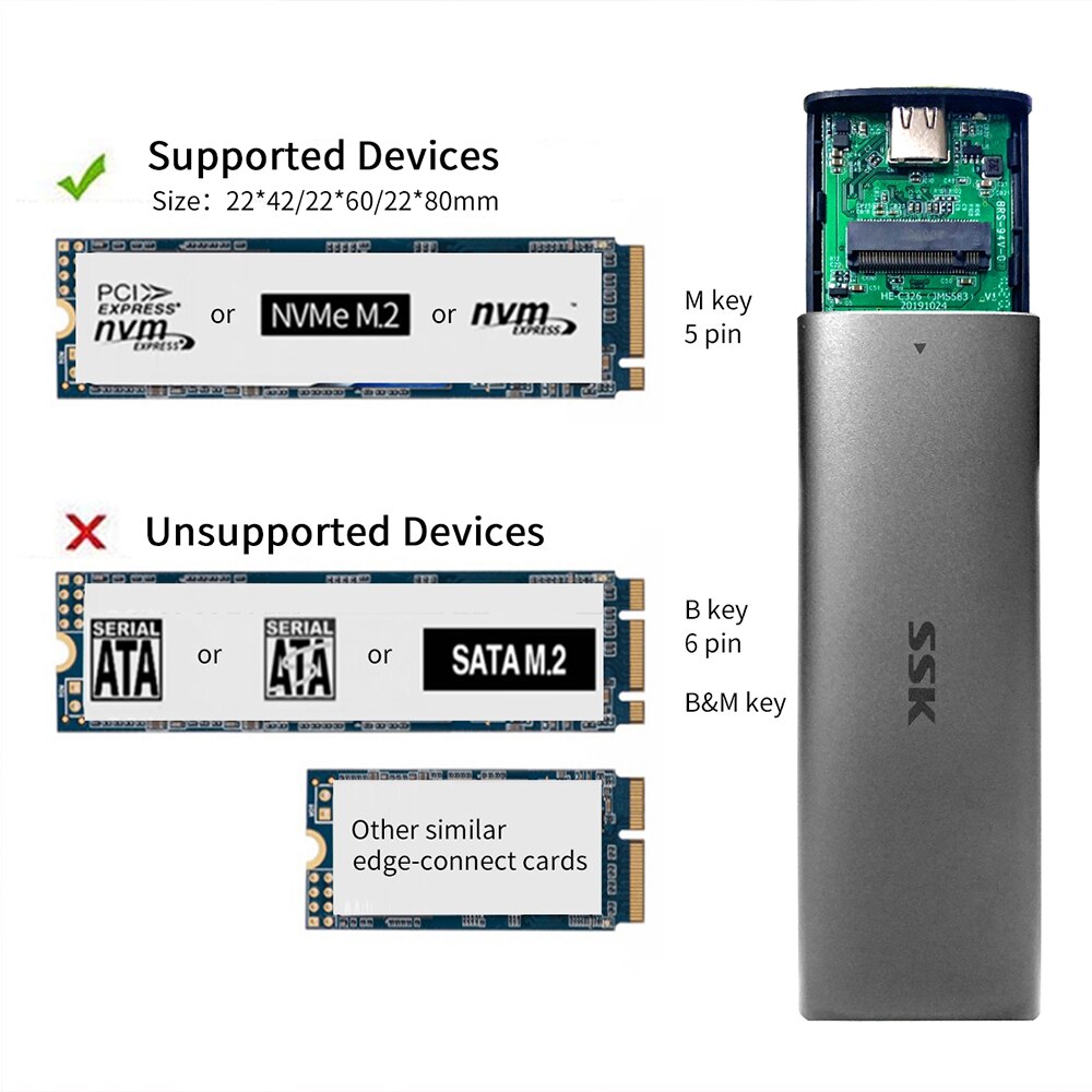 Ferramenta ssk instalação gratuita usb 3.1 para m.2 ngff ssd adaptador de cerco, sata externo baseado m.2 gabinete de disco rígido de estado sólido