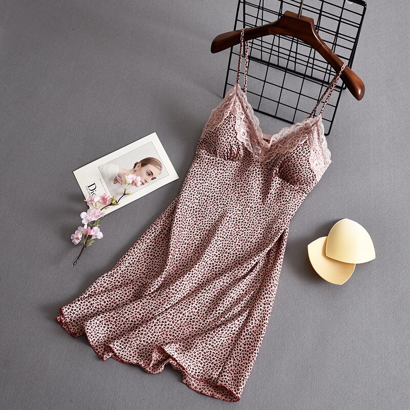 Lisacmvpnel Leopard Pattern Suspender Nightdress Women's Summer Thin Sexy Silk With Bra Lace Nightgown: Brick Pink / XL