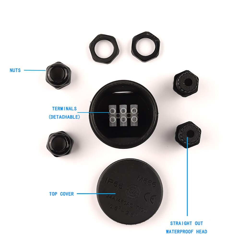Connecteur de fil électrique étanche IP66, boîte de jonction ronde à 2 voies pour l'extérieur avec accessoires de Terminal lumineux 24A/450V