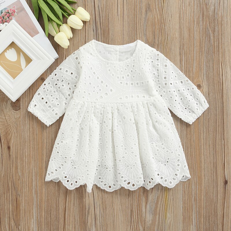 Abito estivo da principessa per bambini abito a maniche lunghe floreale in pizzo solido adorabile abbigliamento Casual abito bianco per abiti quotidiani da festa: 0-3 Months