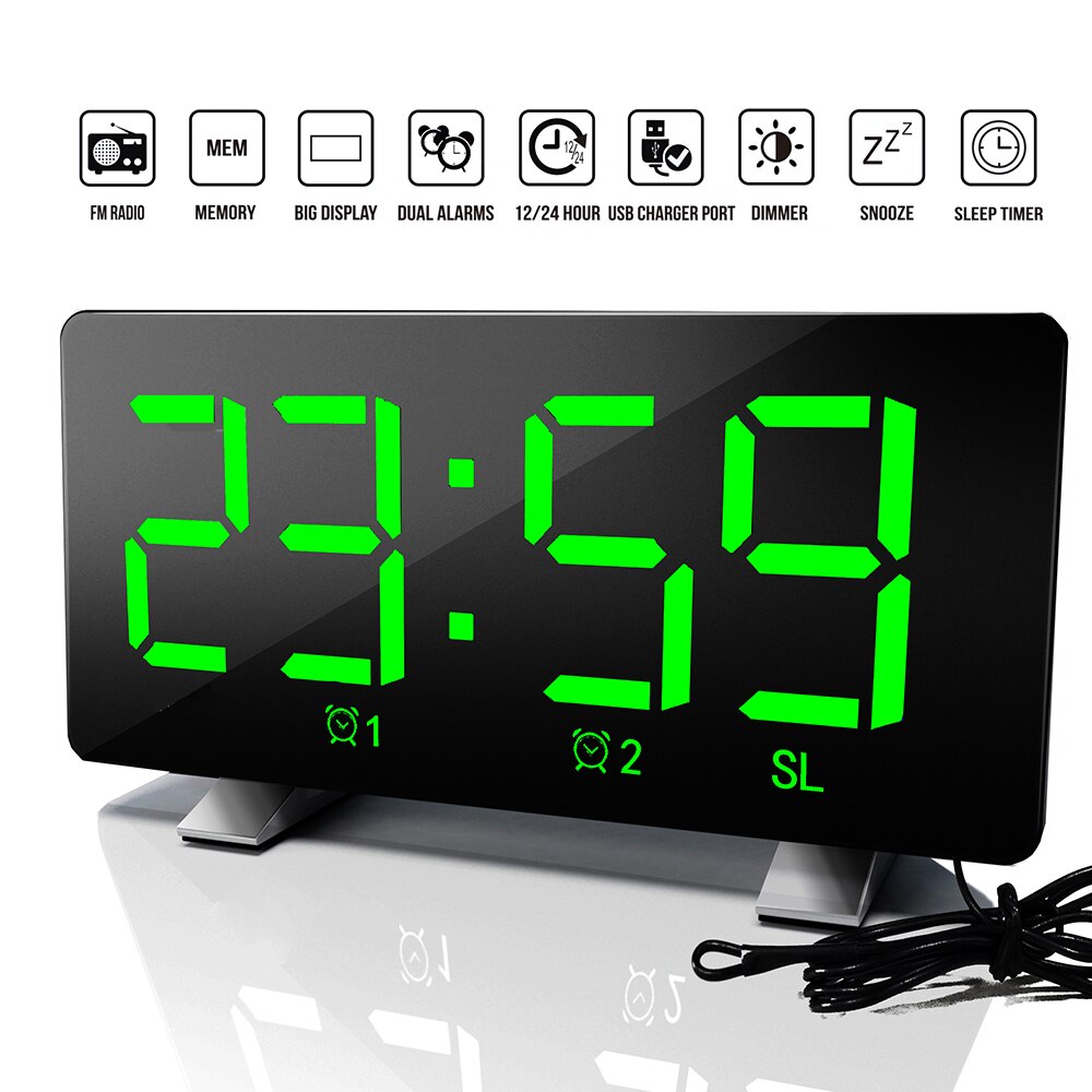 Electronic Alarm Clock Noiseless Digital LED Large Display Mirror Power Off Memory Function AAA Not Batteries Glow Clock: Red