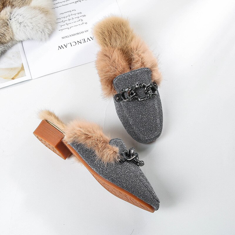 Women Glitter Slides Home Winter Fur Slippers Paillette Furry Flipflops Ladies Low Square Heels Mules Cover Toe Rabbit Fur Shoes: Silver / 5