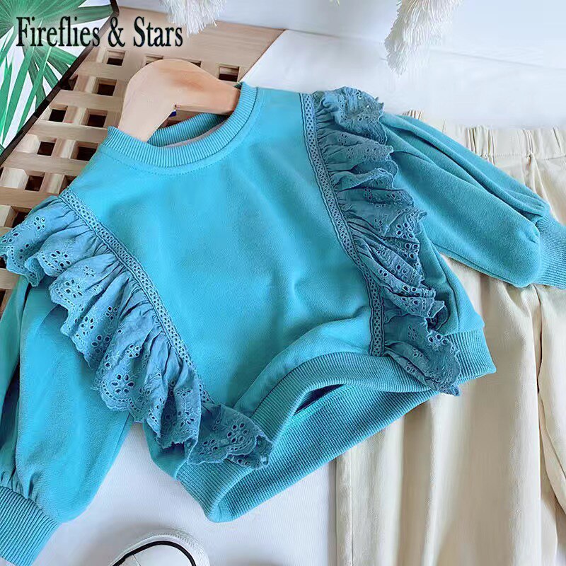 Forår efterår piger sweatshirt baby t-shirts børn pullover til børn tøj ruched hollow out 2 to 7 år: Blå / 5t