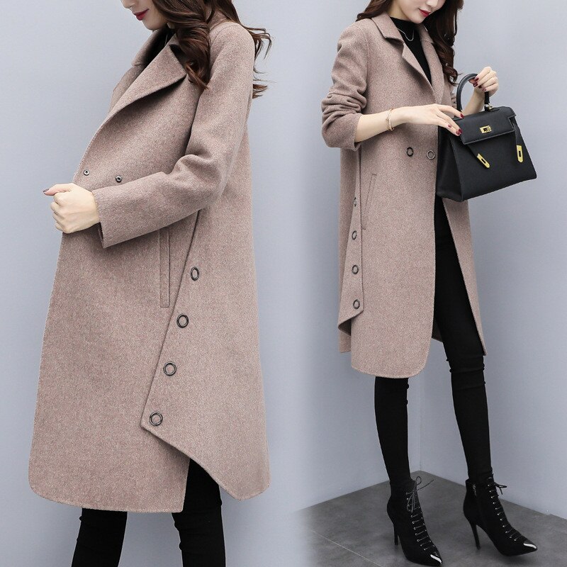 Abrigo de lana con carácter para mujer, chaqueta holgada Irregular de longitud media, ropa exterior ajustada, Camel, JD2036, otoño e invierno, 2022