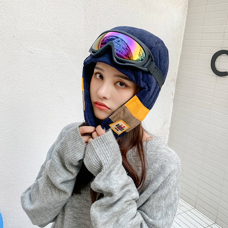 Yqyxcy russische hoed dames winter bomber hoeden met bril gehoorbescherming dikke warme muts gorras russische pet sneeuw gorros: Marineblauw