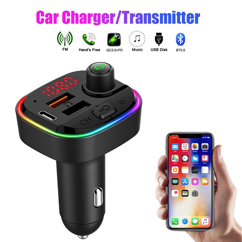 Qc3.0 + pd fast usb charger adapter, bluetooth compatible, 5,0 fm transmitters, wireless car  mp3 player bass audio car kit