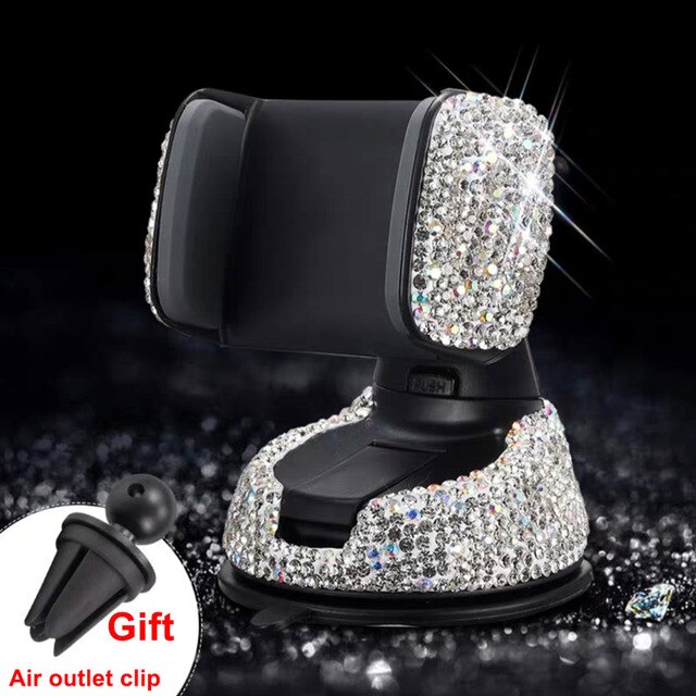 Multifunctional crystal diamond car phone frame, universal instrument panel, phone frame, air hole clip, fixed auto parts: white