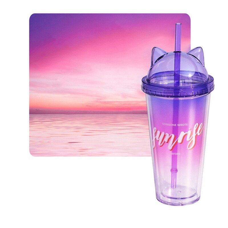 Gradiënt Stro Cup Grote Capaciteit Plastic Waterfles Netto Celebrity Handige Phantom Kleur Kat Oor Cover Stro Dubbele Cup