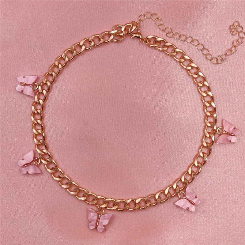 PZMYCS Oro Argento Catena di Colore 5 Della Farfalla Pendente Della Collana per le Donne Del Partito di Nozze Dichiarazione Estetica Collana Girocollo Gioielli: Pink Gold