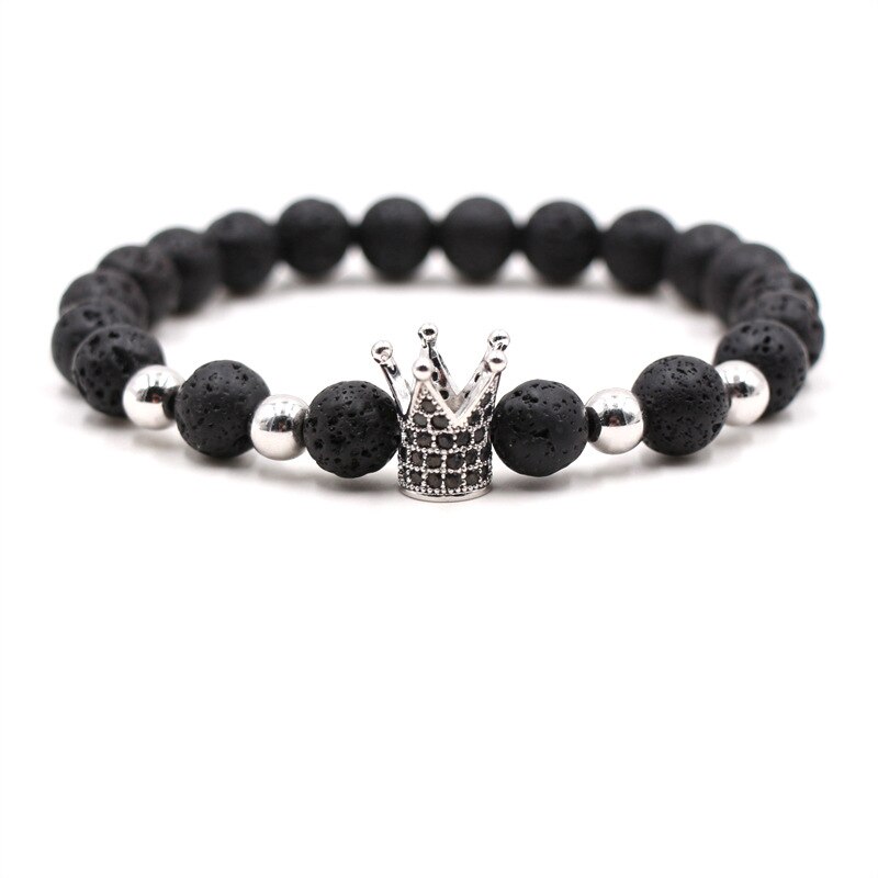 Grensoverschrijdende Europese En Amerikaanse 8Mm Natuurlijke Vulkanische Rock Essentiële Olie Energie Armband Micro Ingelegd Kroon Wit Zirkoon L: silver