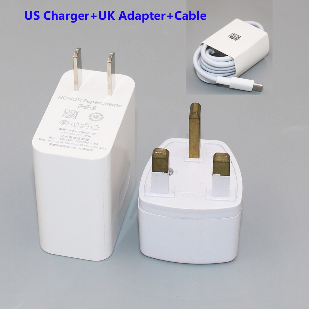Original Honor 60 50 Pro Magic 4 3 V Super Fast Charger Max 66W 11V6A EU/US/UK Plug Type C Cable For Honor X30 X20 Mate 40 30 20: US add UK add cable