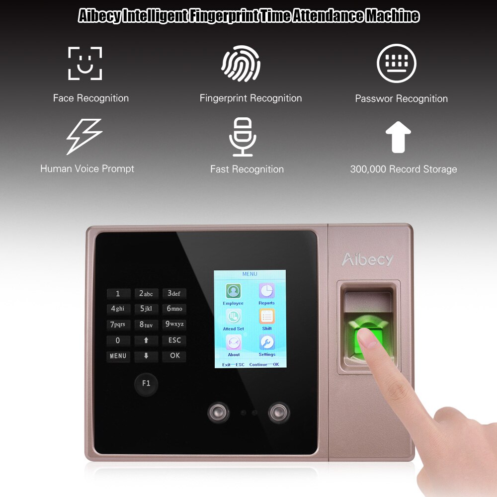 Aibecy Multi-language Biometric Fingerprint Attendance Machine with HD Display Screen Face Fingerprint Password for office