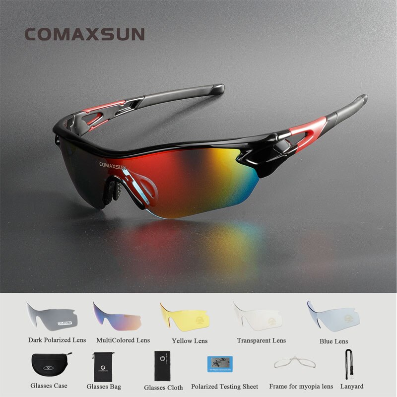 Comaxsun Polarized Sports Men Sunglasses Road Cycling Glasses Mountain Bike Bicycle Riding Protection Goggles Eyewear 5 Len 816: Black Red