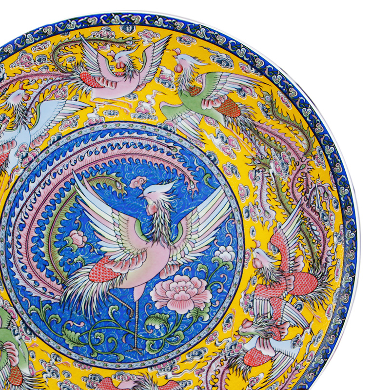 Plato Ornamental de cerámica de arte Fengshui, decoración China antigua de NinePheonix, juego de platos chinos tradicionales de porcelana con Base de madera