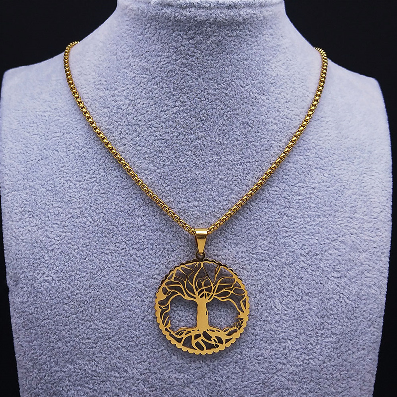 Levensboom Halsketting Voor Dames Heren Roestvrij Staal Goudkleurige Hanger Kettingen Amulet Sieraden Cadeau N3397GDS01
