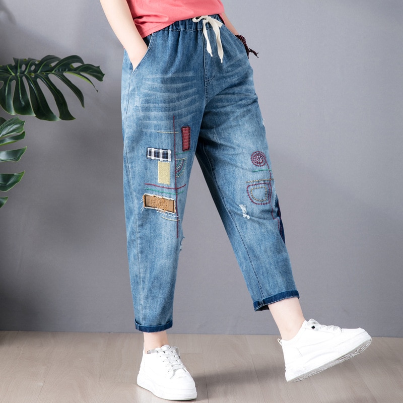Pantalones vaqueros holgados para mujer, ropa de calle con bolsillo bordado, harén, informales, de cintura elástica, de algodón, Otoño, 9268