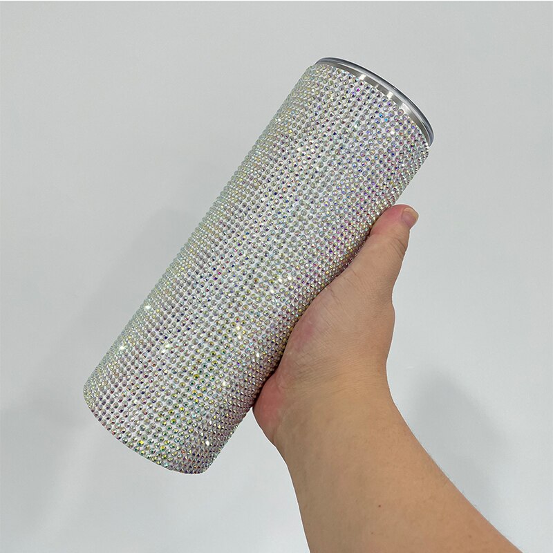 Luxury Diamond 20oz Bling Rhinestone Crystal skinny Tumbler Double Walled Insulated Stainless Steel Skinny Thermo With Lid Straw