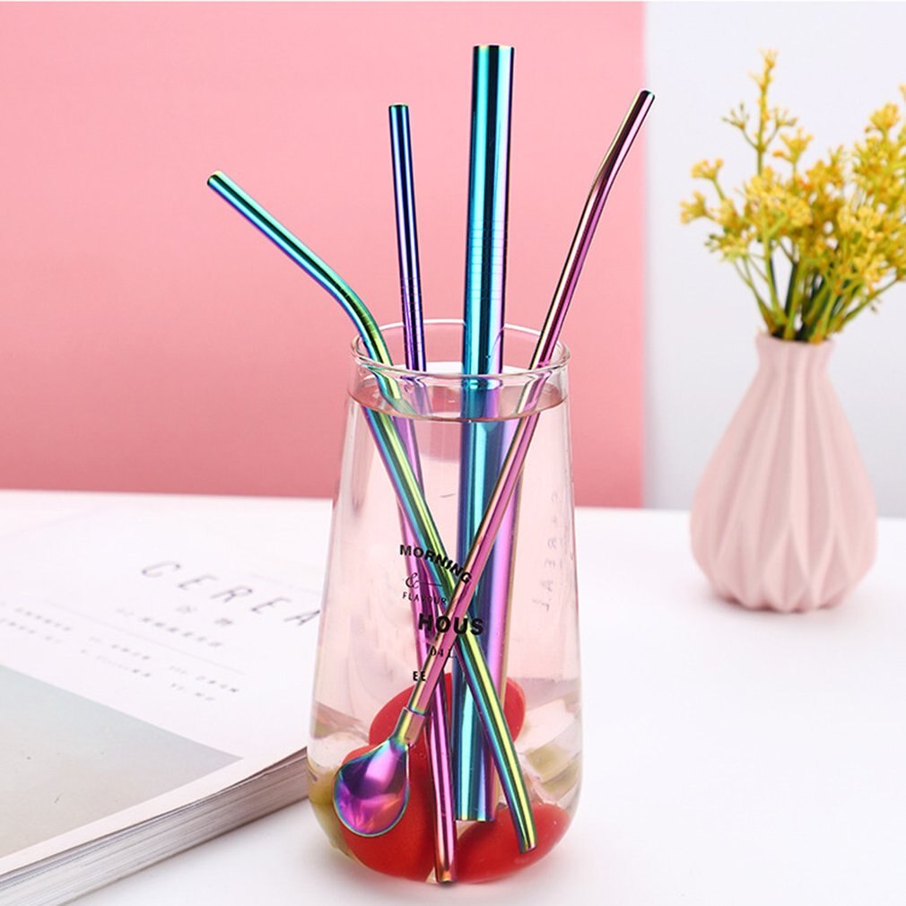 Set van 4 herbruikbare drinkrietjes van roestvrij staal, recht gebogen, breed melkrietje, pipetlepelset met reinigingsborstel en etui