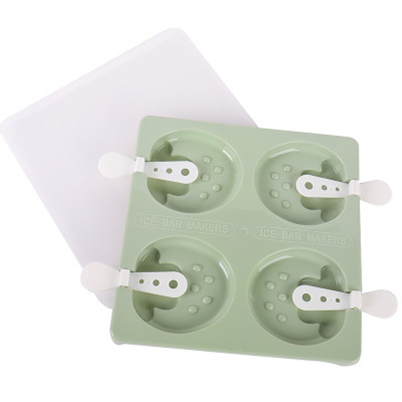 Cute Cartoon Flower Ice Cream Mold 4-hole Ice Tray Tubs Popsicle Maker Kitchen DIY Tools Cube Mold with Lid: Strawberry Green