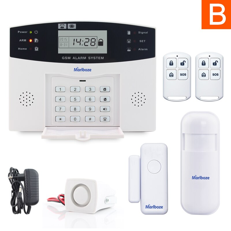 Remote Control Voice Prompt Wireless door sensor Home Security GSM Alarm systems LCD Display Wired Siren Kit SIM SMS Alarm: B