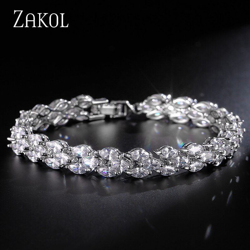 Zakol na moda casamento romano pulseiras marquise corte claro zircão cúbico folha pulseiras & bangles para festa feminino fsbp130