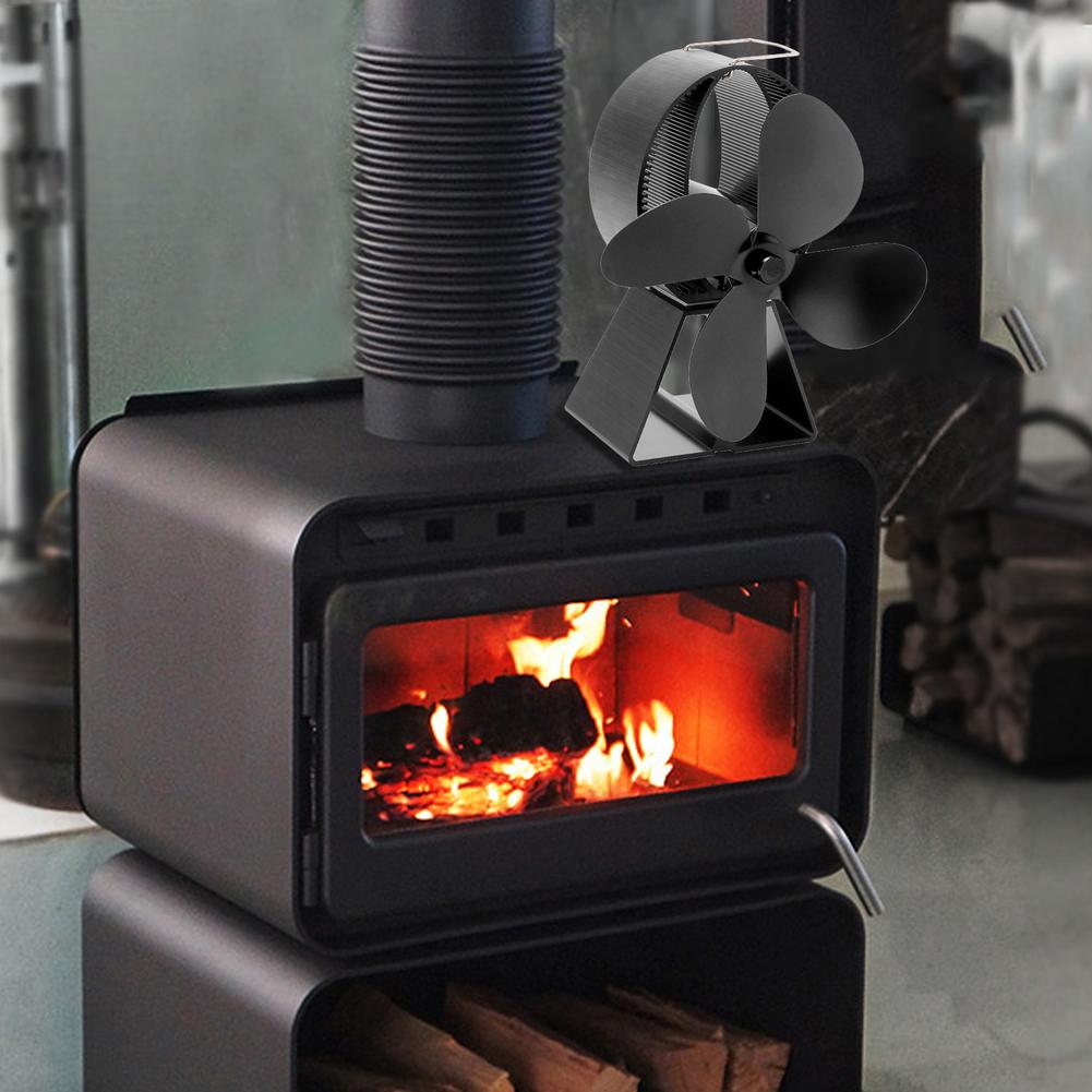 4- bladige zwarte open haard warmte aangedreven kachelventilator thuis efficiënte warmteverdeling komin houtkachel vriendelijke stille ventilator