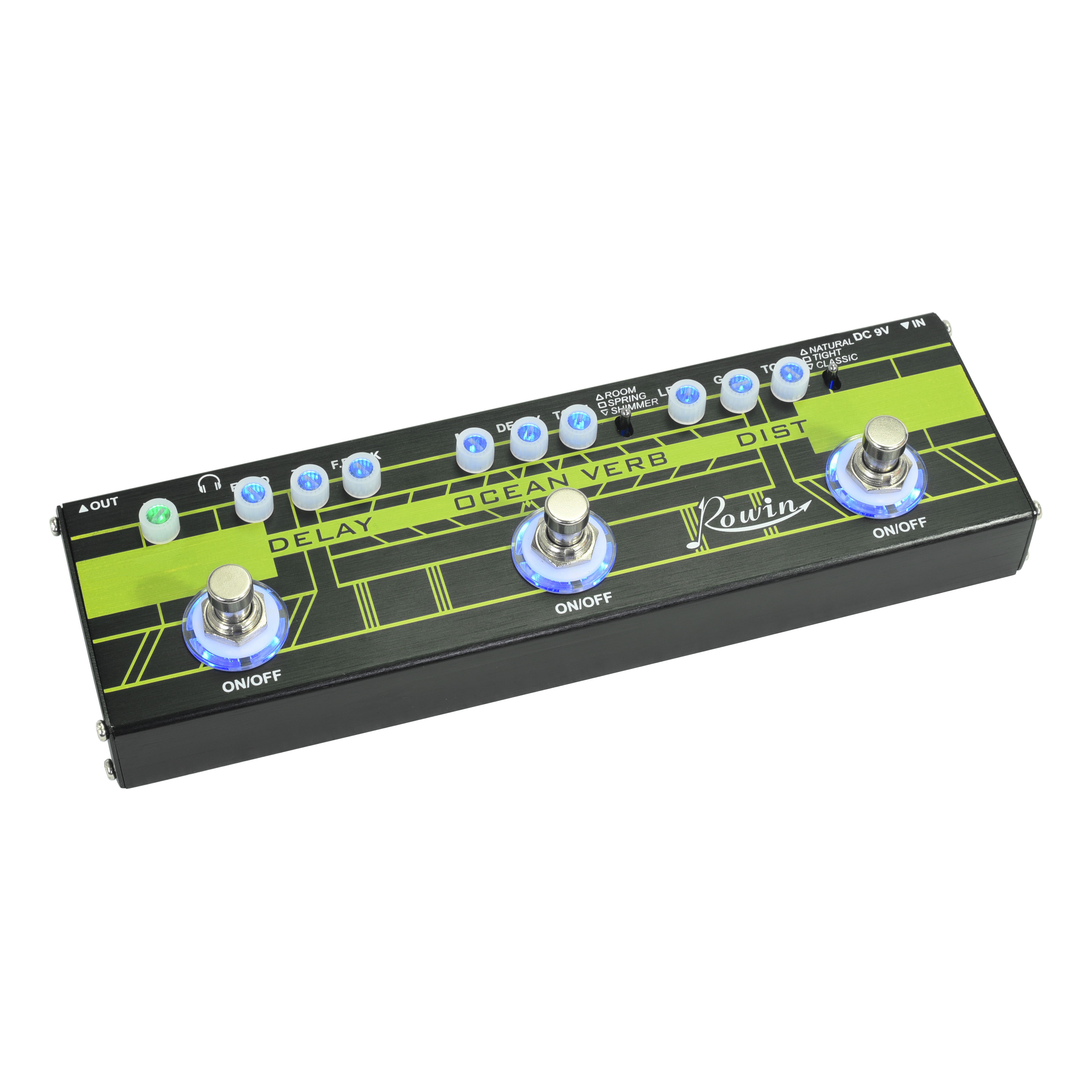Rowin Guitar Synthesizer Digital Multi Guitar Effects Pedal Mini Modulation Delay and Ocean Verb and Dist Effects 3 In 1
