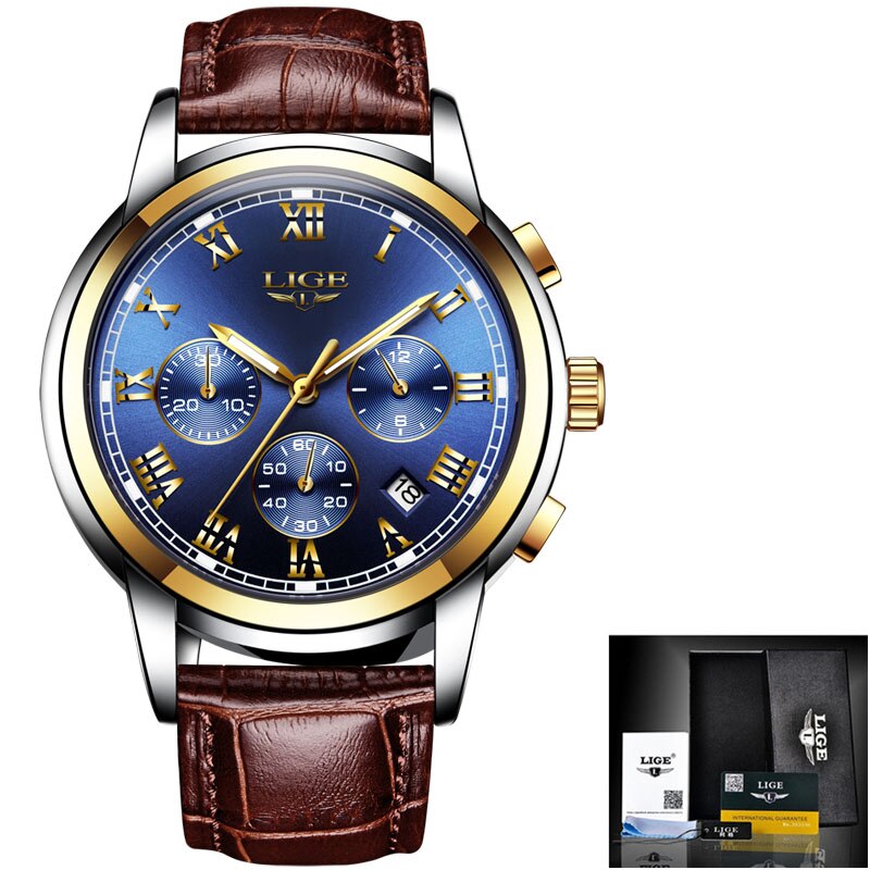 Relojes de Hombre LIGE, reloj mecánico automático para Hombre, reloj Tourbillon deportivo, reloj de pulsera Retro de negocios Casual de cuero: Gold blue