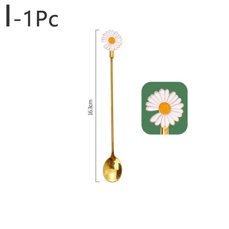 Cherry Blossom Daisy Pattern Spoon Fork Stainless Steel Thin Handle Tea Spoon Coffee Stirring Dessert Fork Tableware: I
