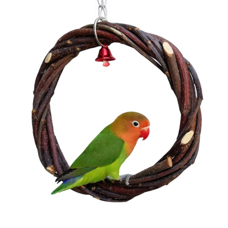 Pet Rattan Hoop Hanging Cage Climb Swing Chew Bite Ring with Bell Toy Birds Parrot Macaw Standing Perches Platform