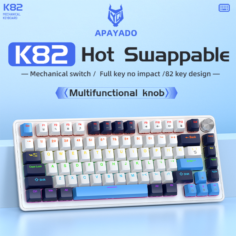 APAYADO K82 Mechanische Tastatur, 82 Tasten, Multifunktionsknopf, vollständige Tasten-Swap-fähig, kühle Hintergrundbeleuchtung, kabelgebundene Verbindung, Windows und Mac
