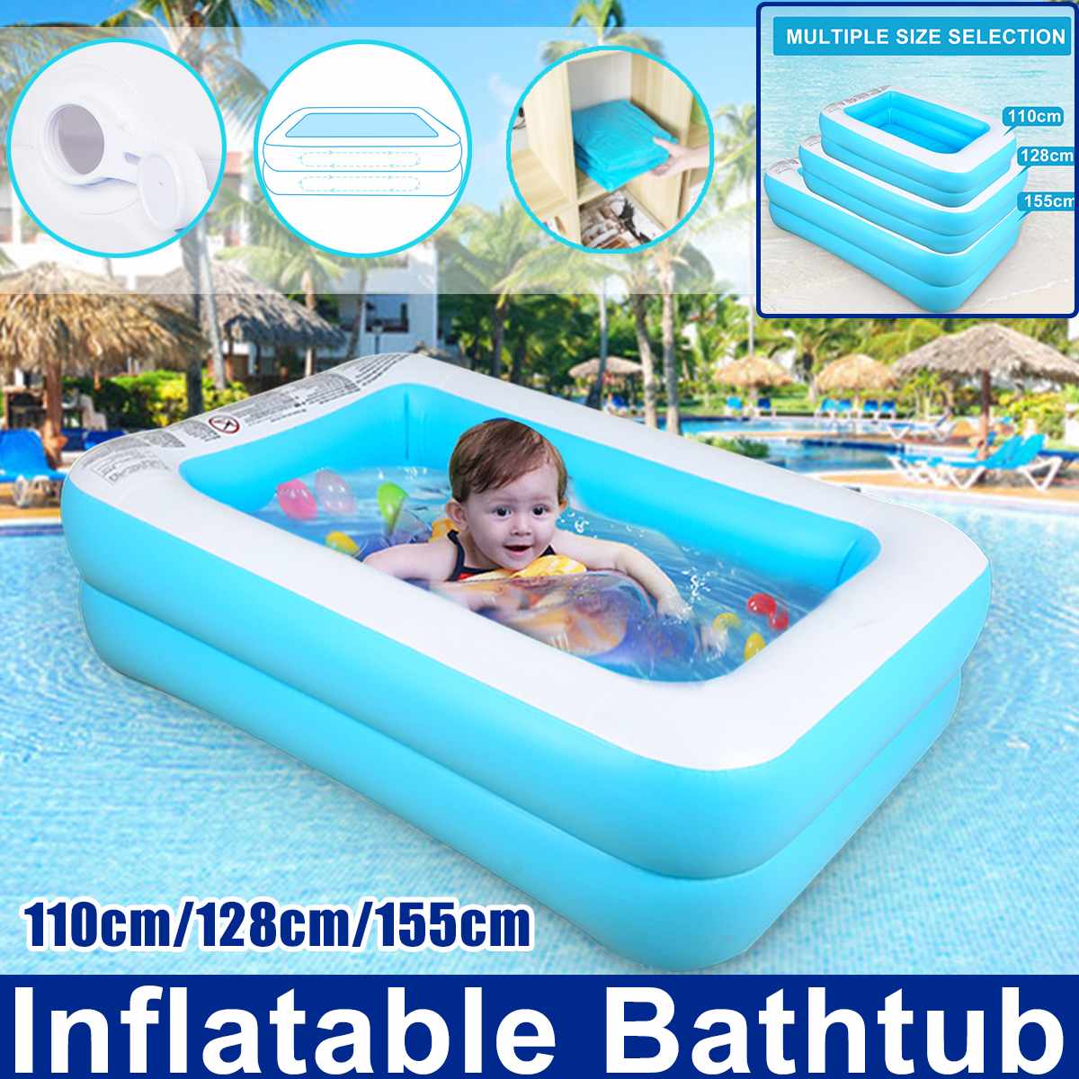 1.1/1.3/1.5m børn oppustelig pool barn hjemmebrug soppebassin stor oppustelig firkantet swimmingpool til baby