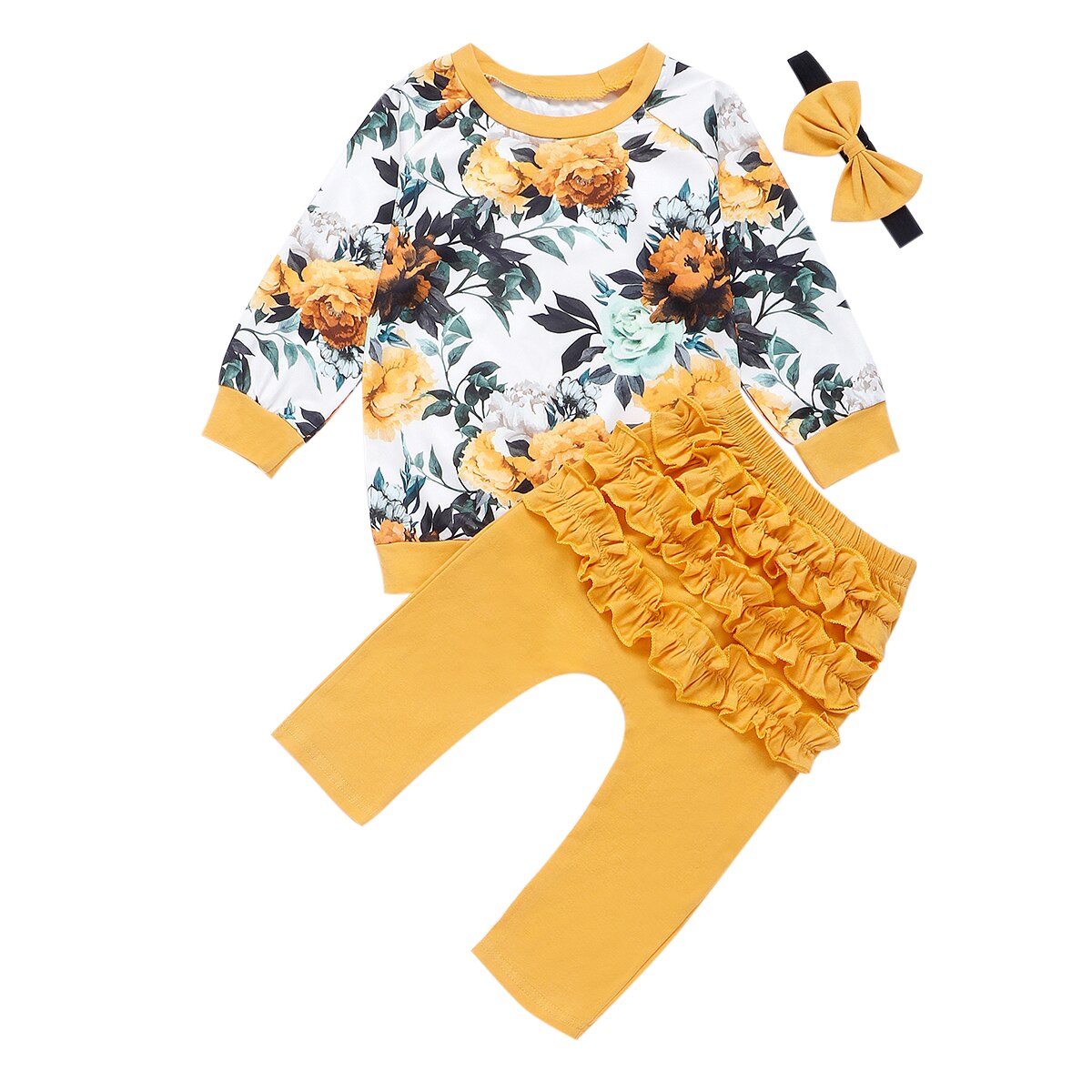 Cotton Newborn Baby Girl Clothes Infant Baby Girls Winter Clothe Outfits Flower Tops+Ruffle Pants Headband 3Pcs Clothing Set: Yellow / 6M