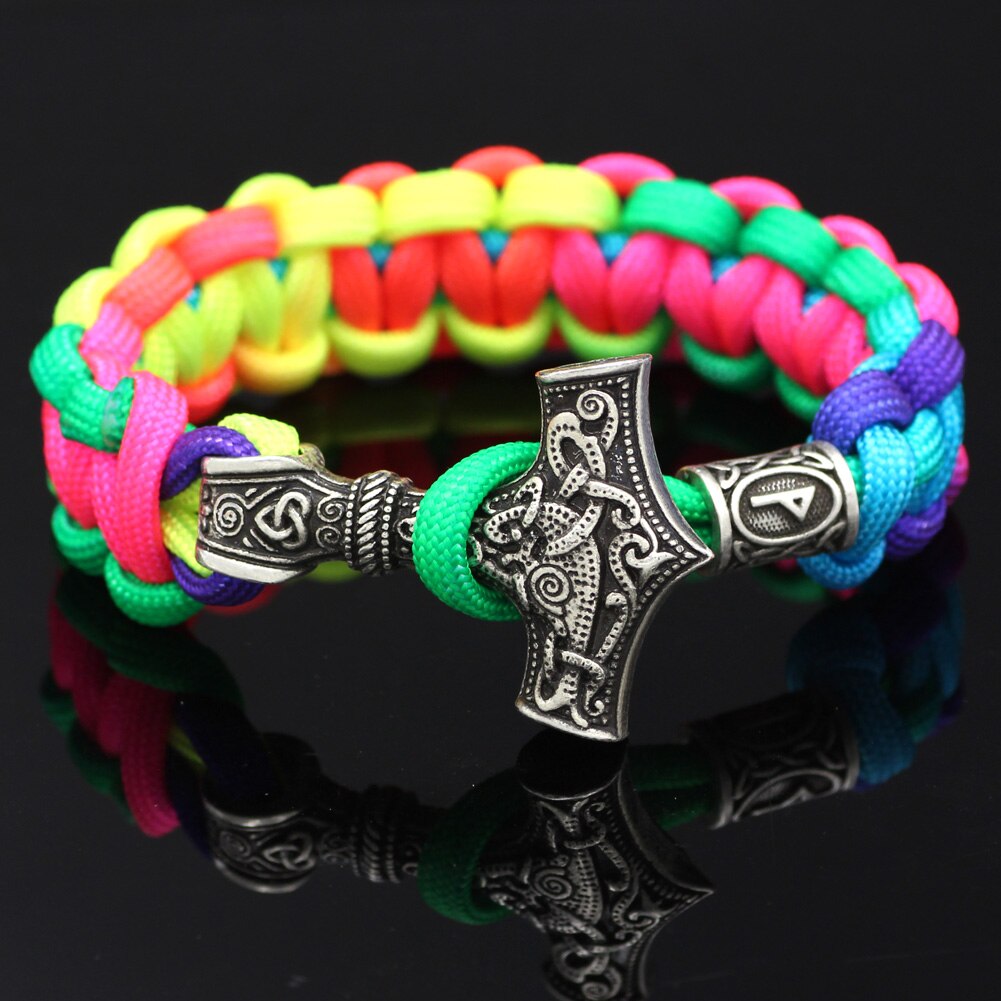 Youe Glänzte Nordischen Viking Thor Mjolnir Hammer Paracord Amuletceltic Rune Knoten Amulett Skandinavischen Licht Regenbogen Armband: P
