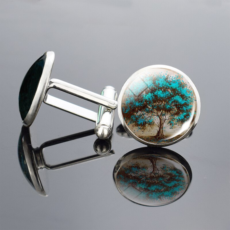 Sølv livets tre kunst trykk mansjettknapper menn mansjettknapper glass cabochon mansjettknapper yinyang tre mansjettknapper bryllupsnåler smykker: 6