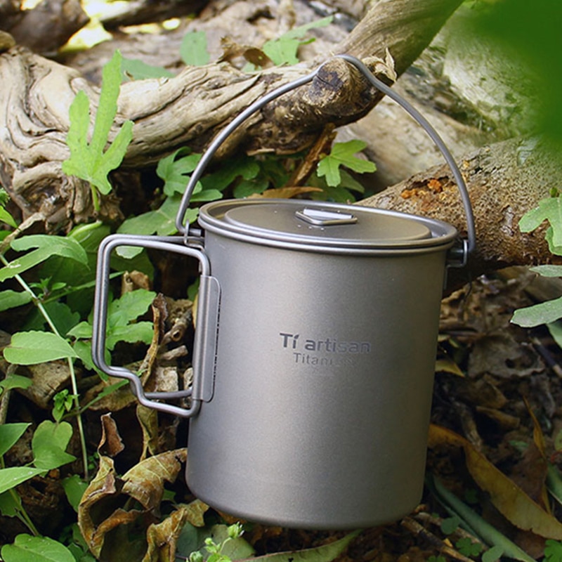 Tiartisan 750ml titanium hängande kastrull med lock hopfällbart handtag utomhus camping drickskopp för picknick bestick köksredskap  ta8315- bh