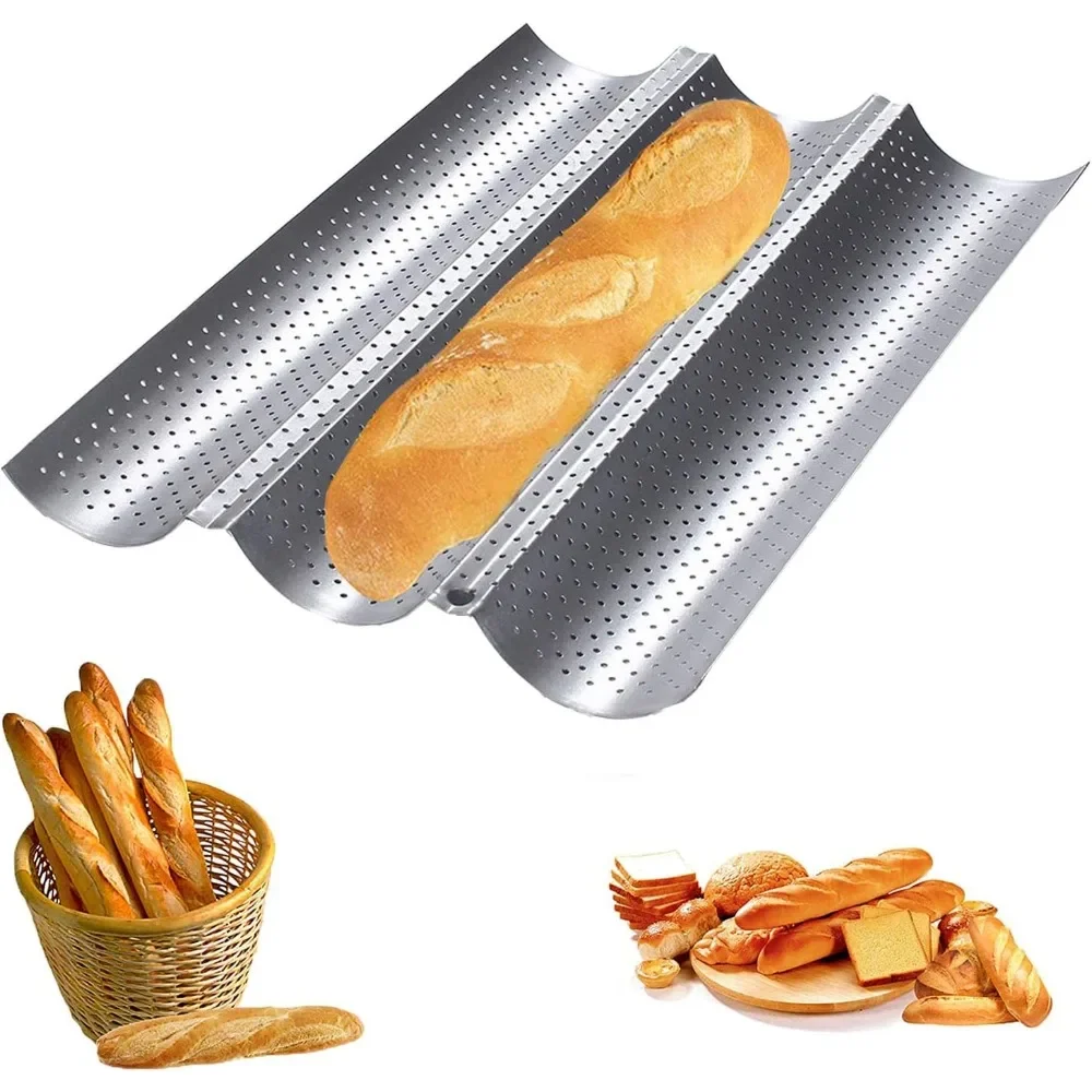 Sartén para hornear ondulada con 3 ranuras, molde para Baguette recubierto antiadherente, fácil de limpiar, bandeja para hornear Baguette resistente a altas temperaturas