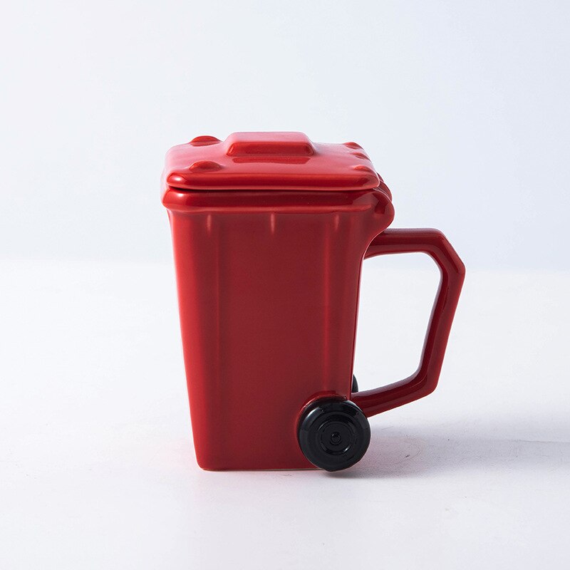 3D Garbage Can Ceramic Mug With lid 400ml Coffee Tea Milk Cup copo termico for Home Office Dinkware: Red