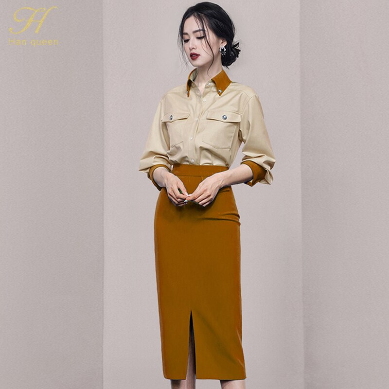 H Han Queen Women Work 2 Pieces Set Pocket Long Sleeves Blouses &amp; Split Sheath Pencil Skirt Korean Simple Skirt Suit: oragne / XL