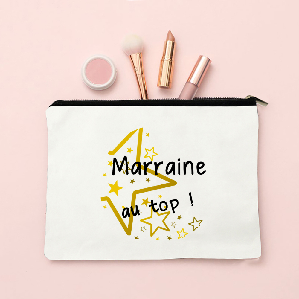 Best Godmother French Print Female Wash Storage Pouch Marraine Women Cosmetic Case Makeup Bags Travel Toiletries Organizer: Beige
