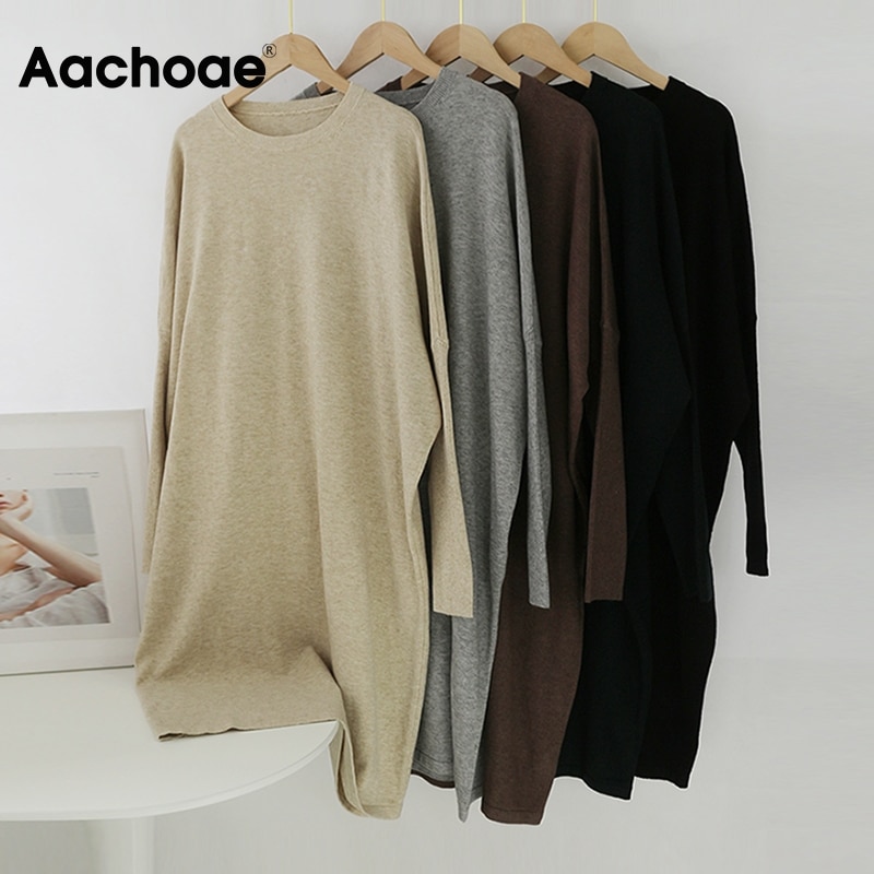 Aachoae lös o hals stickad tröja klänning kvinnor solid batwing långärmade mjuka klänningar hemstil casual midiklänning vestidos